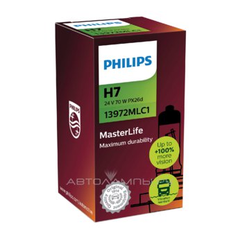 H7 24V- 70W (PX26d) (вибростойкая+увелич.срок службы) MasterLife 13972MLC1